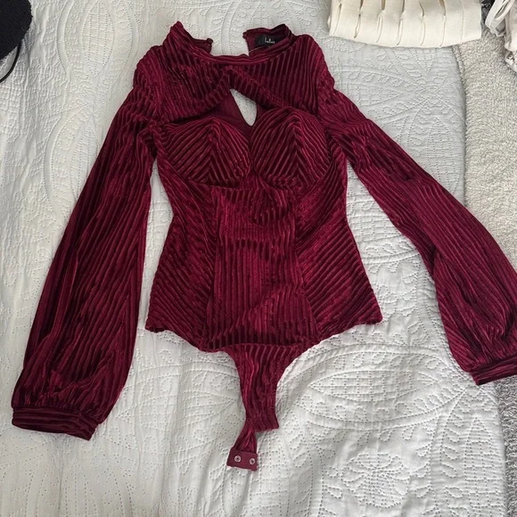 LULUS Always Alluring Burgundy Striped Velvet Cutout Bustier Bodysuit XS - Picture 6 of 12